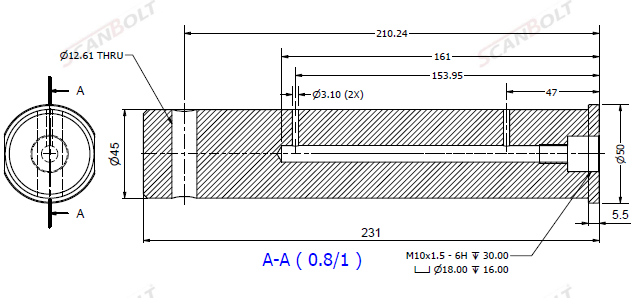 Bult Ø45x231L m. smörjning & låshål